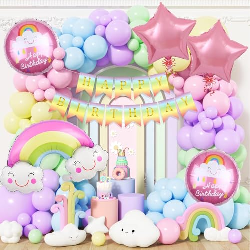 Image of Rozi Decoration Rainbow Birthday Decoration Kit - 58 Pcs Happy Birthday Decor Set with Foil Balloon, Banner, Arch & 50 Pastel Balloons for Boys & Girls Birthday Party Supplies