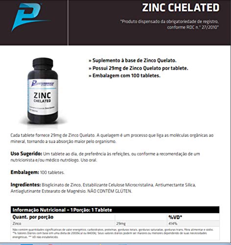 Zinco Mineral Quelato 29 mg Performance Nutrition 100 Tabletes Kit 2 Unidades