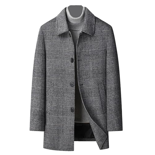 Mens Winter Quilted Trench Coat Lapel Single Breasted Wool Blend Pea Coat Chunky Warm Mid Long Business Overcoat