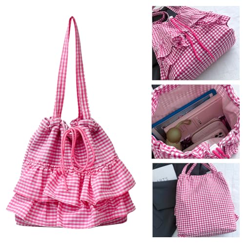 Women Lace Trim Shoulder Bag Large Capacity Soft Ruffles Drawstring Handbag Wear Resist Versatile Bucket Bag Floral Printed T2