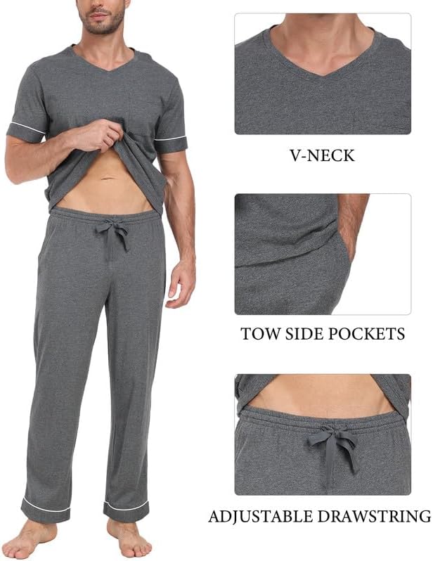 CF Mens Pajamas Set Cotton Sleepwear Soft Short Sleeve Pjs Comfy 2 Piece Nightwear V-Neck Long Pants Loungewear with Pockets - Image 5