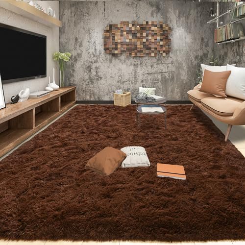 Tepook 6x9 Brown Area Rugs for Living Room Bedroom, Soft Fluffy Plush Shaggy Girls Boys Kids Room Rug, Shag Upgrade Non-Slip Throw Carpet for Dorms Nursery Classroom Home Decor
