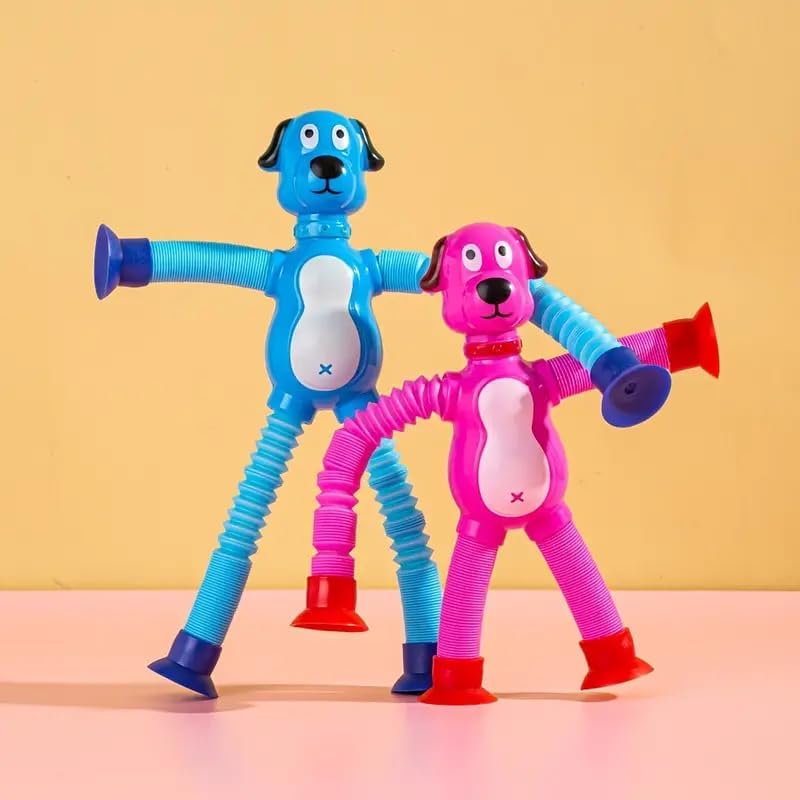 SANTALON Telescopic Suction Cup Kids Travel Toys for Flight Pull String Toys for Babies for Boy Girls Robot Light Tube Toddlers Gift Unique Pop Tube Kids (Dog (Pack of 2)) 4