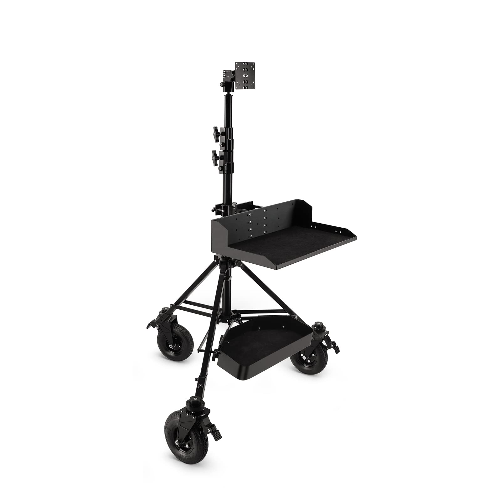 PROAIM Alpha Stand Postazione Mobile con Attacco Monitor e Vassoio | Adatto ad aste 38–50mm con morsetti senza utensili, costruzione in alluminio CNC e supporto rivestito per laptop e case