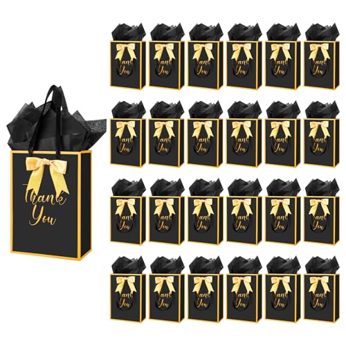AmazingSpark 24 Pack Thank You Gift Bags with Handles Metallic Paper Gift Bags with Bow Ribbon Tissue 8.3 x 6 x 3.1 Gold Foil Welcome Favor Return Gifts for Small Businesses Boutiques Weddings Party