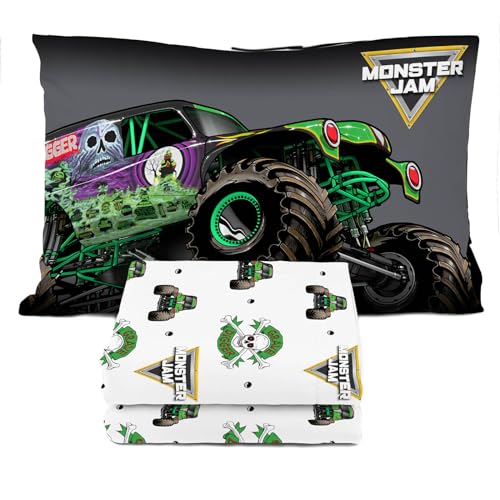 Image of Sunny Side Up Monster Jam Grave Digger Toddler Sheet Set - 3 Piece Toddler Bedding Set Includes Pillow Cover - Super Soft Microfiber Sheets