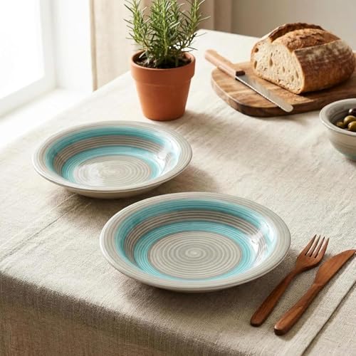 Image of Pasta Bowl Set of 2 | 7 Inch, Deep Soup & Salad Serving Plates | Microwave & Dishwasher Safe Big Bowl | Stylish Kitchen Tableware for Pasta, Soup & Everyday Dining (2, Turquoise-Grey)
