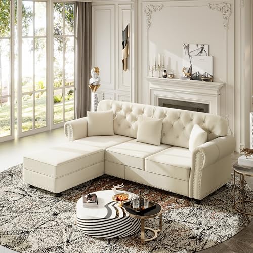 Image of KEIKI 83 inch Velvet Chesterfield Sofa with Rolled Arms & Nailhead Trim & 1 Ottoman, Modern 3-Seater Button Tufted Couch with High Resilience Cushion & 3 Pillow, Easy Assembly, for Living Room, White