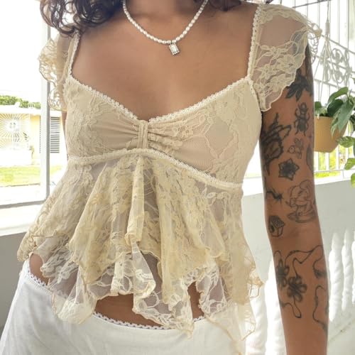 Women Lace Babydoll Tank Top Cap Sleeve See Throught Y2k Summer Going Out Crop Tops Coquette Clothes - Image 4