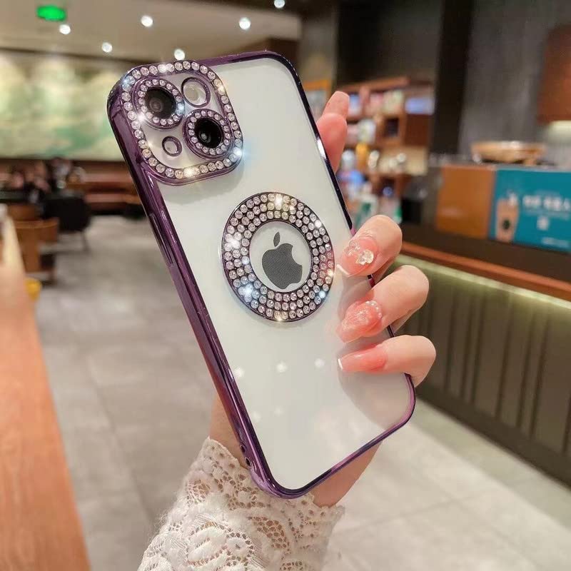Image of LuxuryKase Sparkling Crystal Clear Case for iPhone 15 Plus | Logo Cut | Soft Protective TPU Case | Diamond Camera Lens Protector - Purple