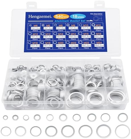 Hengzemei 540pcs Oil Drain Plug Gaskets Crush Washer Kit Flat Aluminum Washers Metric Sealing Assortment Set for Automotive Replacement Oil Drain Pan 8 Sizes M6 M8 M10 M12 M14 M16 M18 M20 M22 M24
