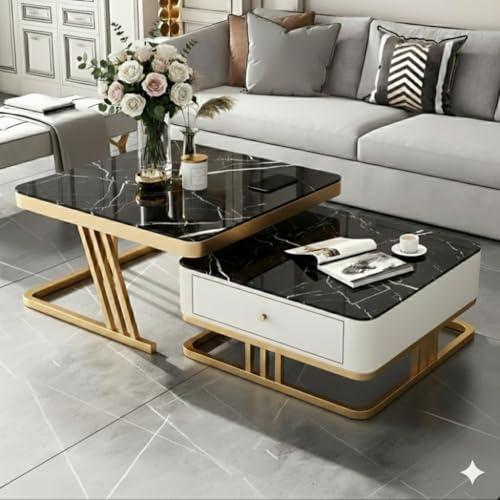 Image of Iron Frame Handmade Drawer Square 20 inchx20 inch Coffee Table Set 2 piece, Nesting Table with Marble Look Center Table Storage Drawer for Living Room /Drawing Room /Balcony (Golden Black White)