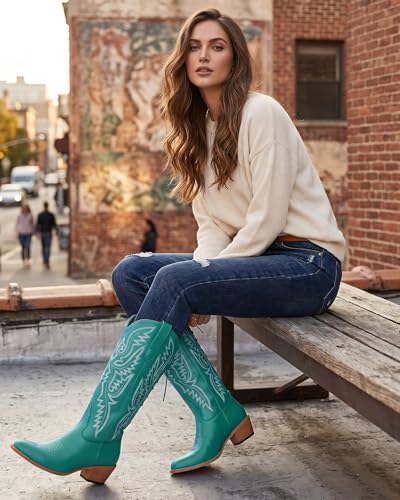Image of Uillnoodu Wide Calf Cowboy Boots Women Adjustable Lace Up Knee High Tall Plus Size Cowgirl Boots Western Style Comfortable 2-Inch Heel