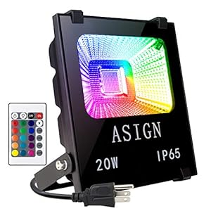 ASIGN 20W RGB LED Flood Lights, Indoor Outdoor Decoration Light Waterproof Color Changing LED Security Light with Remote Control, Dimmable Wall Washer Lights with US 3-Plug