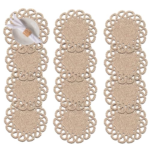 Image of Laquedecraft 13.8 inch Set of 12 Round Seagrass Placemats | Boho Woven Rattan Table Mats | Farmhouse Wicker Spring Plate Chargers Like Water Hyacinth, Seagrass for Wedding, Party, Christmas, Events
