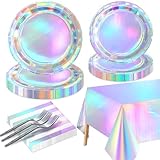 Iridescent Party Supplies for 20 Guests, Disposable Iridescent Tableware Set Includes Holographic Paper Plates, Napkins, Forks, Tablecloth for Birthday Mermaid Themed Party Decorations Wedding