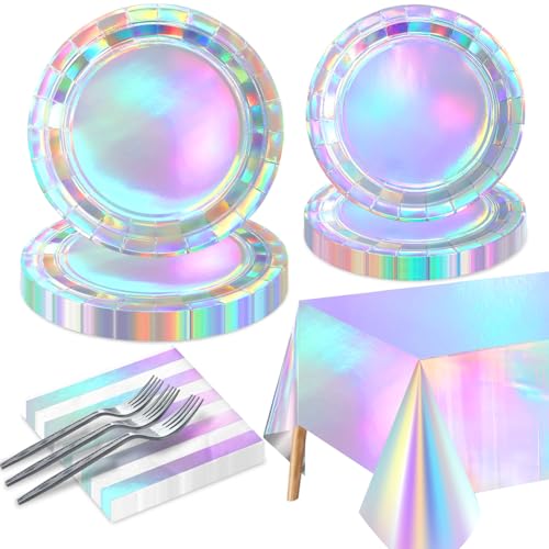 Iridescent Party Supplies for 20 Guests Disposable Iridescent Tableware Set Includes Holographic Paper Plates Napkins Forks Tablecloth for Birthday Mermaid Themed Party Decorations Wedding