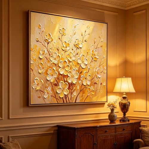 Tableau Abstrait Moderne peint main texture impasto fleurs blanches et or 70x70 cm - 3
