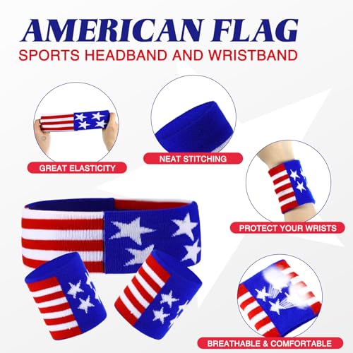 Image of Soulchen 20 Pcs 4th of July Sweatband American Flag Headband Wristband and Socks Set Red White Blue Striped Athletic Sweatband Set Independence Day Head Band for Men Women Sports Workout