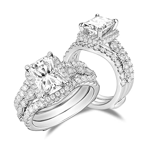 DovEggs 14K Gold QUALITY Silver Moissanite Engagement Rings for Women Center 3ct 7X9mm G-H-I Color Radiant Cut Moissanite Hidden Halo Engagement Ring Curved Enhancer Guard Wedding Ring3