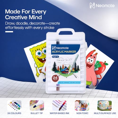 Image of Neomate 24 Pcs Single-Tip Acrylic Markers Set | Non-Toxic Art Supplies for Kids & Adults | Waterproof, Quick Dry | For Rock Painting, Canvas, Wood, Ceramic, Glass & DIY Crafts