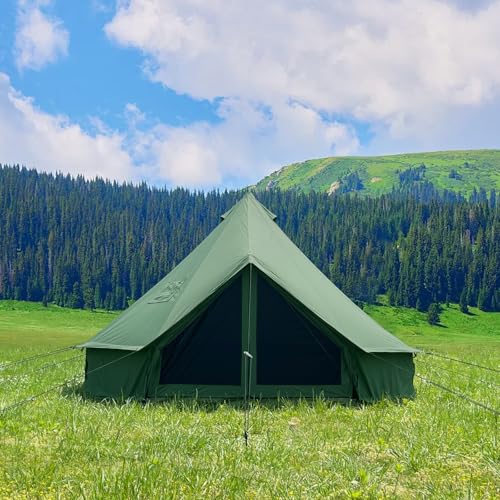 WaldZimmer Canvas Bell Tent 10ft Green with Stove Jack and Zipped Removable Floor, Luxury Outdoor Glamping Yurt Cotton Tent for Family Truck Car Camping Hunting Party