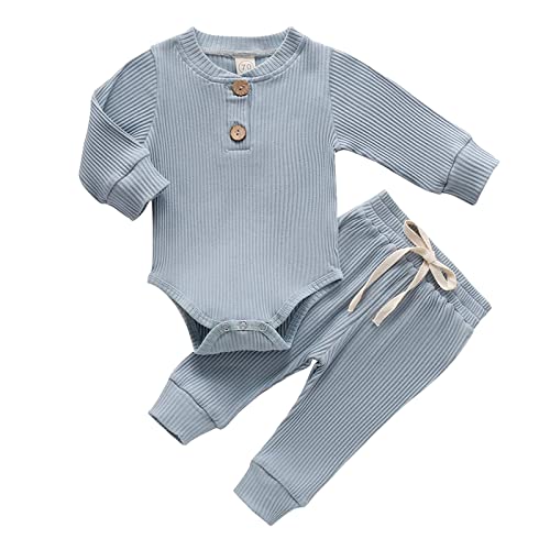 Image of Aweyoo Newborn Baby Boy Girl Clothes Unisex Solid Cotton Long Sleeve Knitted Ribbed Romper & Pants Set Infant Winter Outfits