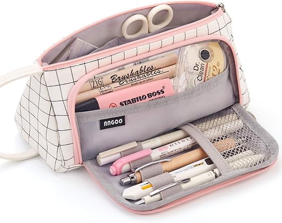 Large Pencil Case, Big Capacity Storage Pen and Pencil Pouch for Girls & Boys, Aesthetic Canvas Pouches for Stationary – Cute Stationery Box Holder for School and Office (White Pink)