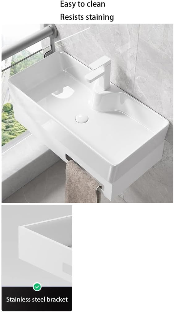 Large Wall Mount Bathroom Vessel Sink with Stainless Steel Bracket Rectangular Floating White Porcelain Ceramic Wash Basin with Tap&Drain for Tiny Home RV,White,L70*H28.5*W39