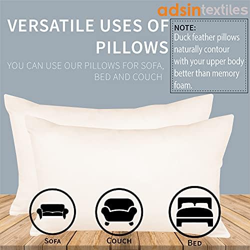 Adsin Textile Finest White Duck Feather and Down Pillows Extra Soft Filled in 100% Down Proof Cotton Blend Cover Hotel Quality Bed Pillow Pack of 1
