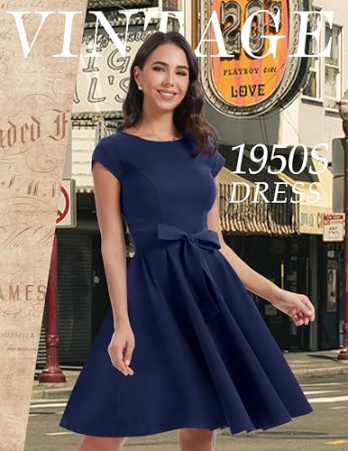 Dressystar Damen Vintage 50er Cap Sleeves Dot Einfarbig Rockabilly Swing Kleider M Marineblau - 3