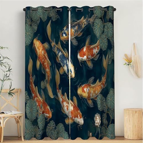 MULERN Cortinas Termicas, Aislantes Frio Cortinas Opacas, Dormitorio 2 Piezas 140An x 260Al cm Arte Asiático Cortina con Ojales, Cortina Estanque Peces Koi Verde Oscuro para Salon/Comedor