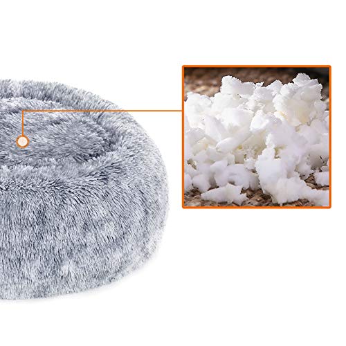 Feandrea Hundebett flauschig, Katzenbett, Donut Kissen, waschbar, Polsterung in der Mitte herausnehmbar, Langer Plüsch, 50 cm Durchmesser, Ombré-Grau PGW037G01
