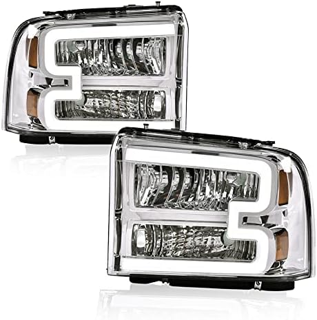 PIT66 LED Headlights, Compatible with 2005-2007 Ford F250 F350 F450 F550 Super Duty/ 2005 Ford Excursion,(Not Fit Sealed Beam Headlight model) Clear Lens Chrome Housing Amber Reflector