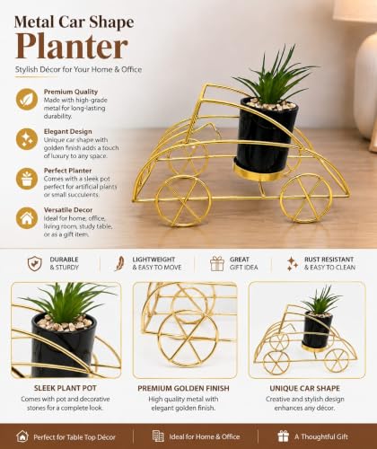 Image of Metal Car Planter with Artificial Plant | Decorative Tabletop Showpiece for Home & Office | Gold & Black Modern Desk Decor