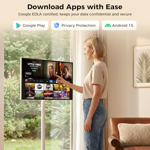 Image of VLH 27 Inch Smart Portable TV, FHD Touch Screen Rolling Monitor on Wheels, Android 15, 6GB +128GB, Wireless Tablet Display, EDLA-Certified, 4K Hidden Camera, 27000mAh Battery, Voice Remote Control