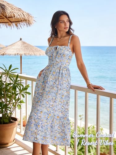Image of Women's Casual Beach Vacation Dress with Pockets Flowy Aline Tiered Spaghetti Strap Lace Up Corset Midi Sundress for Summer