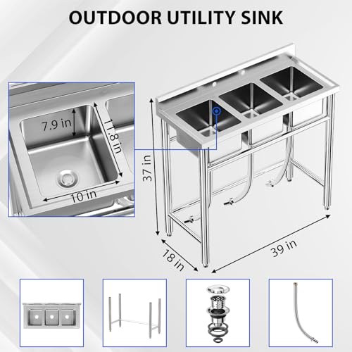 Image of Garvee 3-Compartment Freestanding Stainless Steel Utility Sink, NSF Certified Commercial Triple-Bowl Wash Station - Indoor /Outdoor for Restaurant, Garage, Laundry, Backyard