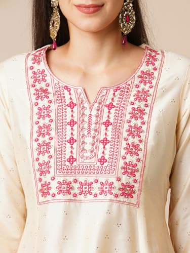 Image of Globus Women Ivory Floral Print A-Line Kurta Set With Trouser-3638388001