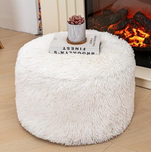 Round Pouf Ottoman Stuffed 20x12 Inches Floor Pouf Chair for Living Room Bedroom Modern Foam Pouf Ottoman Foot Rest for Couch Home Decor Pouffe Ivory