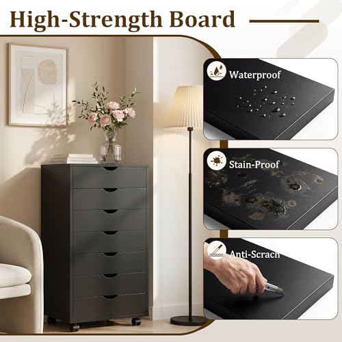 Image of 7 Drawer Mobile File Cabinet Under Desk Storage Organization with Wheels Vertical Filing Chest Rolling Wood Small Desk Printer Stand for Home, Black