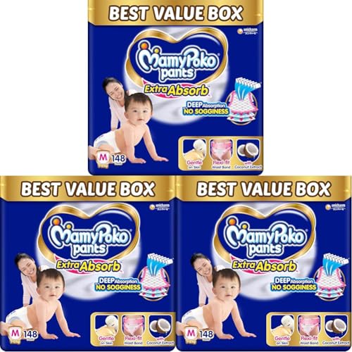 Image of MamyPoko Pants Extra Absorb Baby Diapers, Medium (M size) | 7-12 kg | 148 Count |Deep Sleep Diapers| Soft gentle fit |Deep Absorbent Crisscross | skin friendly with coconut oil | (74 count, Pack of 6)