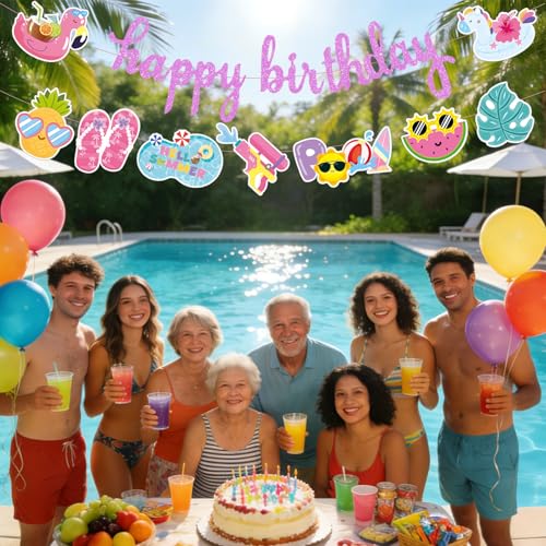 Image of Summer Happy Birthday Banner for Pool Party Decoration Supplies | Beach Hawaii Luau Tropical Garland, Pink, Paper