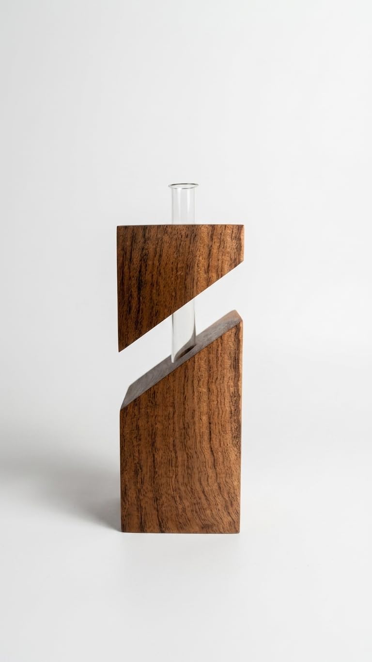 Handmade Solid Sheesham Wood Bud Vase with Glass Test Tube | Modern Geometric Wooden Flower Vase | Minimalist Tabletop Flower Holder for Home Decor, Office, Living Room (Natural Finish)-image-3