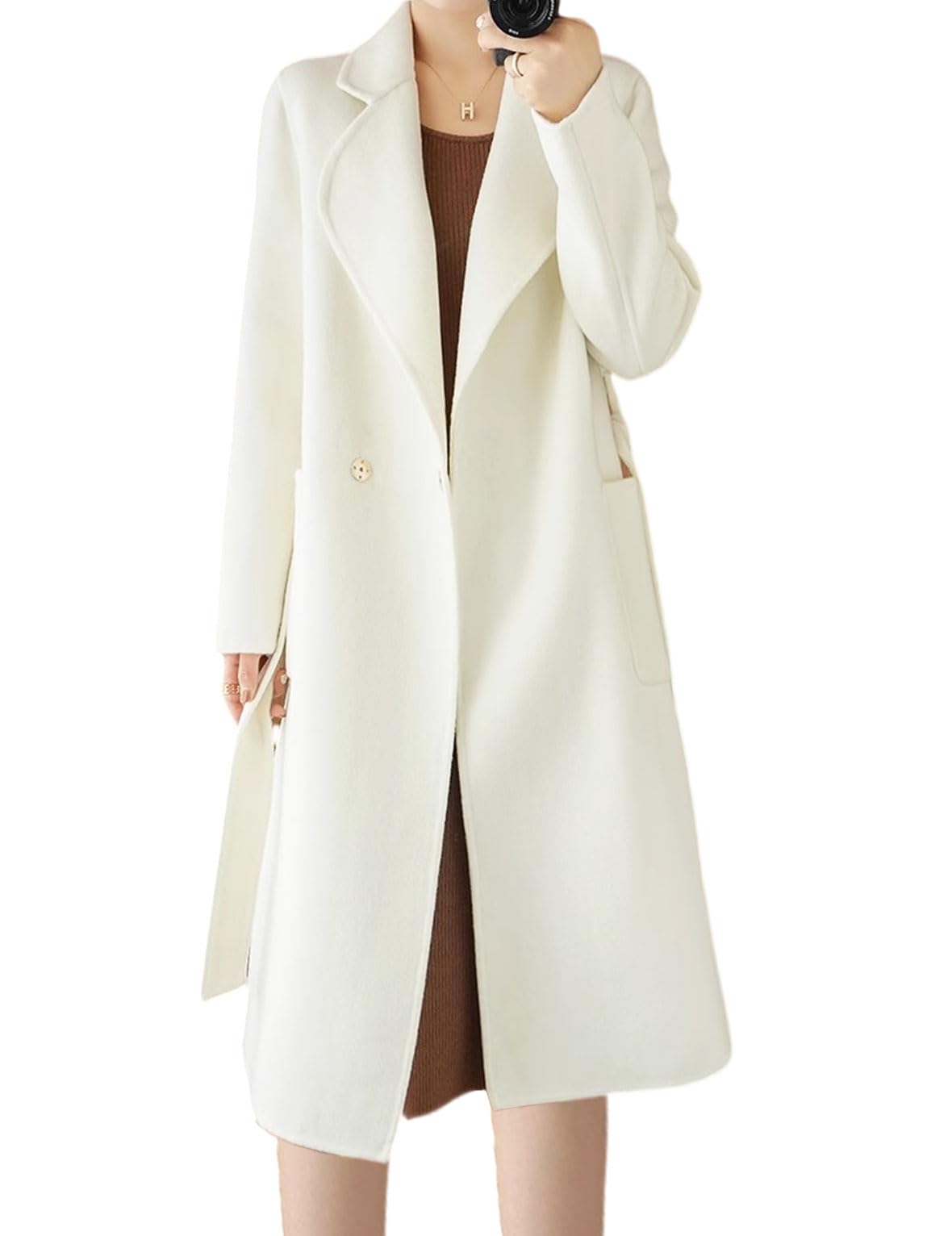 GL SUIT Womens Long Wool Coat Notched Lapel Trench Coat Belted Windproof Lightweight Outerwear Winter Warm Slim Fit Woolen Overcoat Pea Coat,White,S