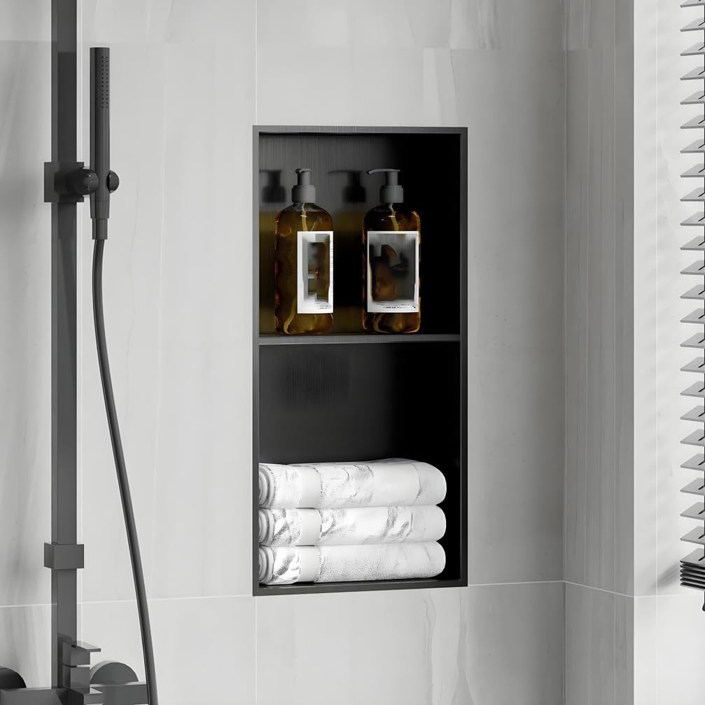 Portarrollos Empotrado, Estante De Baño De Acero Inoxidable con Espacio De Almacenamiento, Organizador para Nichos De Baño Y Portarrollos Empotrado En La Pared Negro,Negro,L32*H32*W12.5