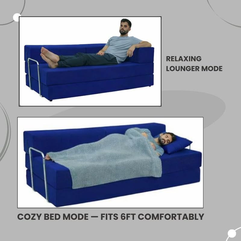 Image of Adorn India Easy Premium Modular 4 Seater Sofa Cum Bed | Velvet Suede Fabric | Colour Blue | Modern Design | Size 6x6 Fit | Comfortable for Seat & Sleep | Washable Cover | Perfect for Home & Office