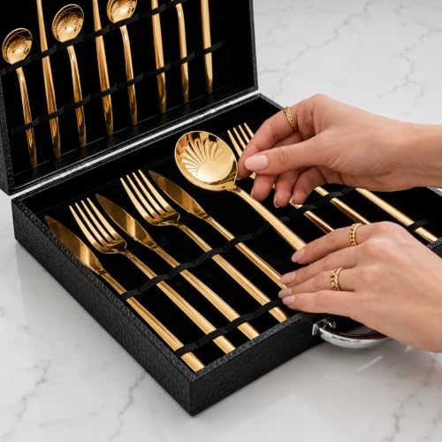 Image of 24-Piece Gold Stainless Steel Cutlery Set with Premium Storage Textured Plastic Box | Mirror Finish Flatware for 6 | Dinner Spoons, Forks, Knives & Teaspoons | Luxury Gift Set