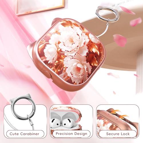 Image of for AirPods 4 Case with Cleaning Kit, Cute Cat Ear Print Design & Cute Buckle, Inverted Phone Holder Design, Top Safe Lock Buckle Design, for Girls AirPods 4 case 2024, Rose Gold Peony