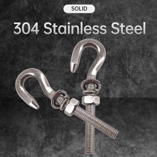 Image of 304 Stainless Steel Long Shank Hook Bolts Threaded Rod Round Hooks Eyelet Bolts Screw with Washer and Nut M5 6Pcs & M6 6Pcs